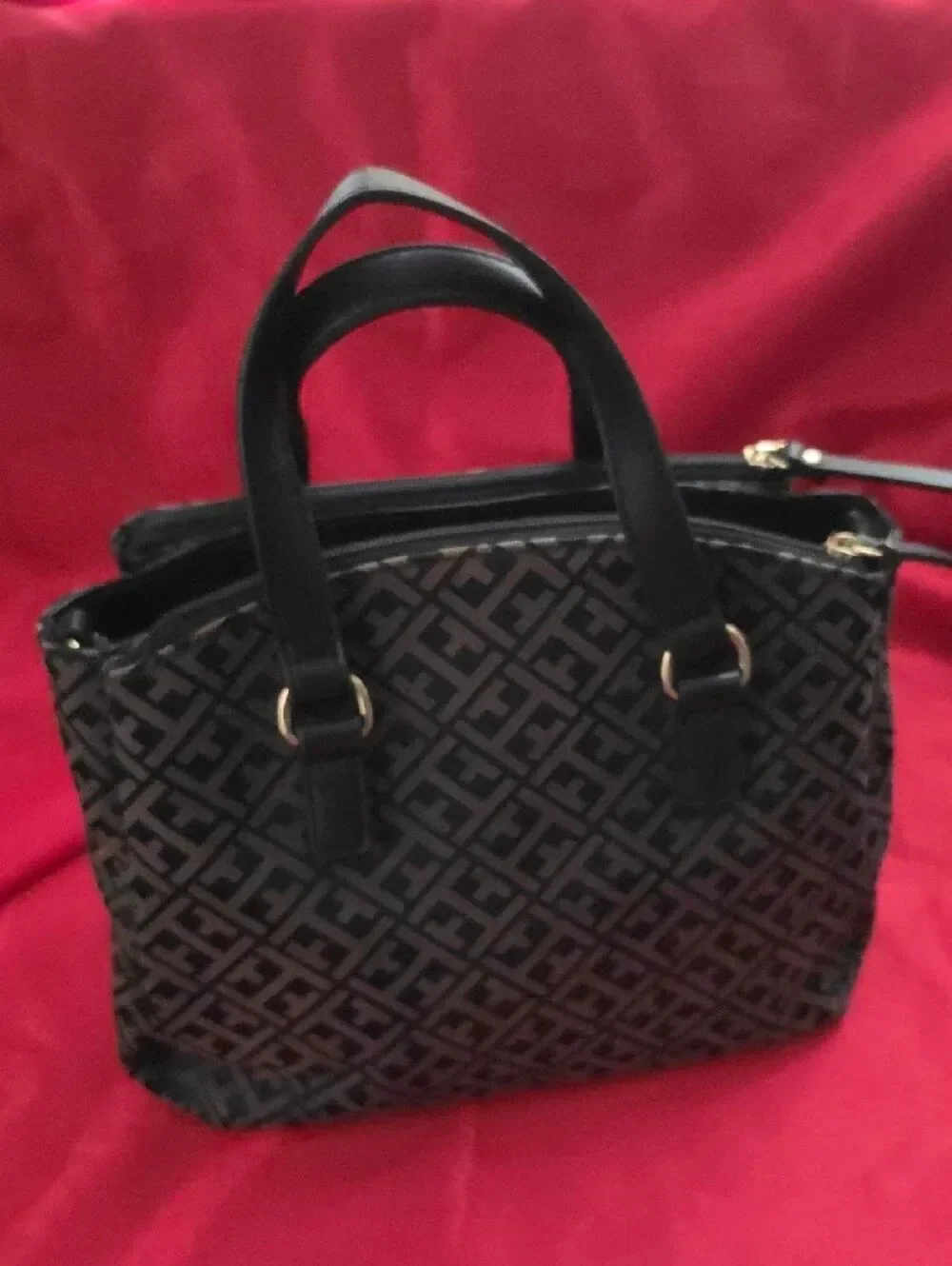 Tommy Hilfiger Black and Gray Monogram Satchel with Gold Accent